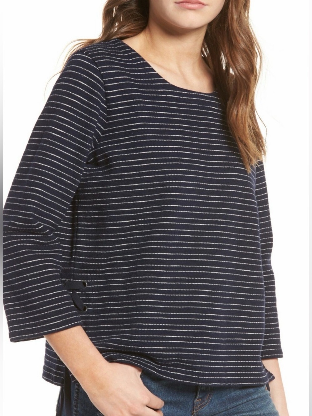 Madewell Pullover Jersey  Medium Blue Stripe Lace Up Sides Cotton 3/4 Sleeve L